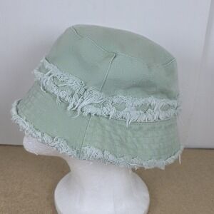 Steve Madden Sage Green Bucket Hat Fringe Distressed Beach Vacation Hat One Size